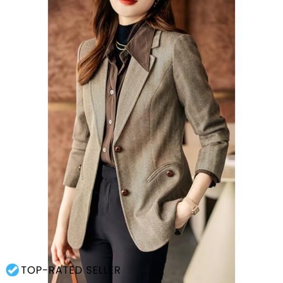 Classic Slim Fit Wool Blend Blazer Notched Lapel Herringbone Plaid Office Chic - Picture 3 of 6